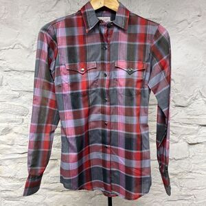 Vtg H Bar C RODEO Western Shirt Ladies size 30 80s Plaid Pearl Snap Made in USA